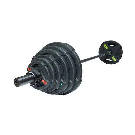 Штанга олимпийская OriginalFitTools 128 кг (диски с двумя хватами, черный гриф)